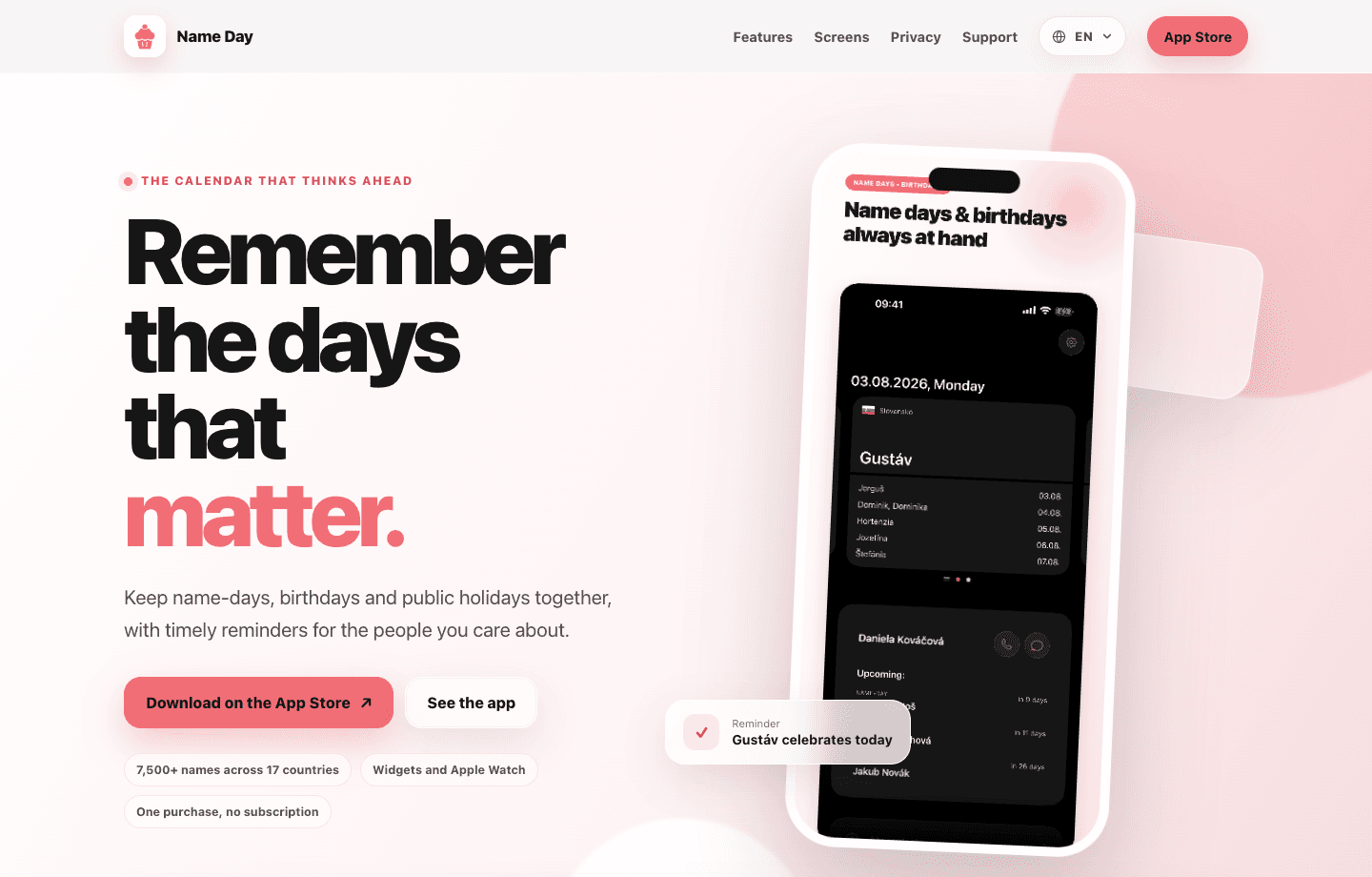 Landing page aplikácie Meniny s koralovým vizuálom a náhľadom iPhone aplikácie